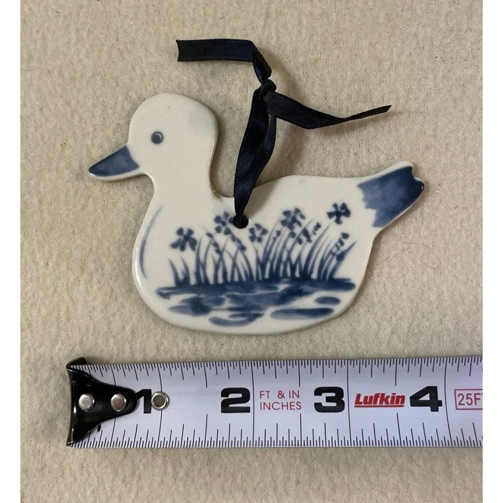Russ Berrie Christmas Tree Ornament Ceramic Duck Flower Cobalt Blue Country Folk